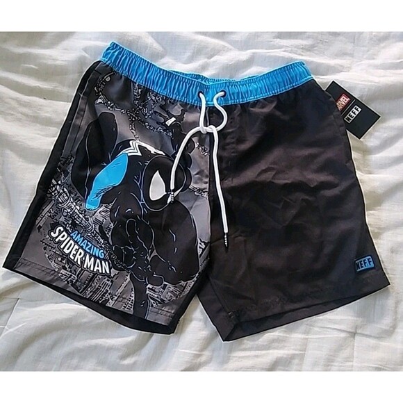 NEFF Marvel Spiderman Wave Board Shorts Mens Size M Swim Trunks Black Blue NWT - Picture 1 of 9
